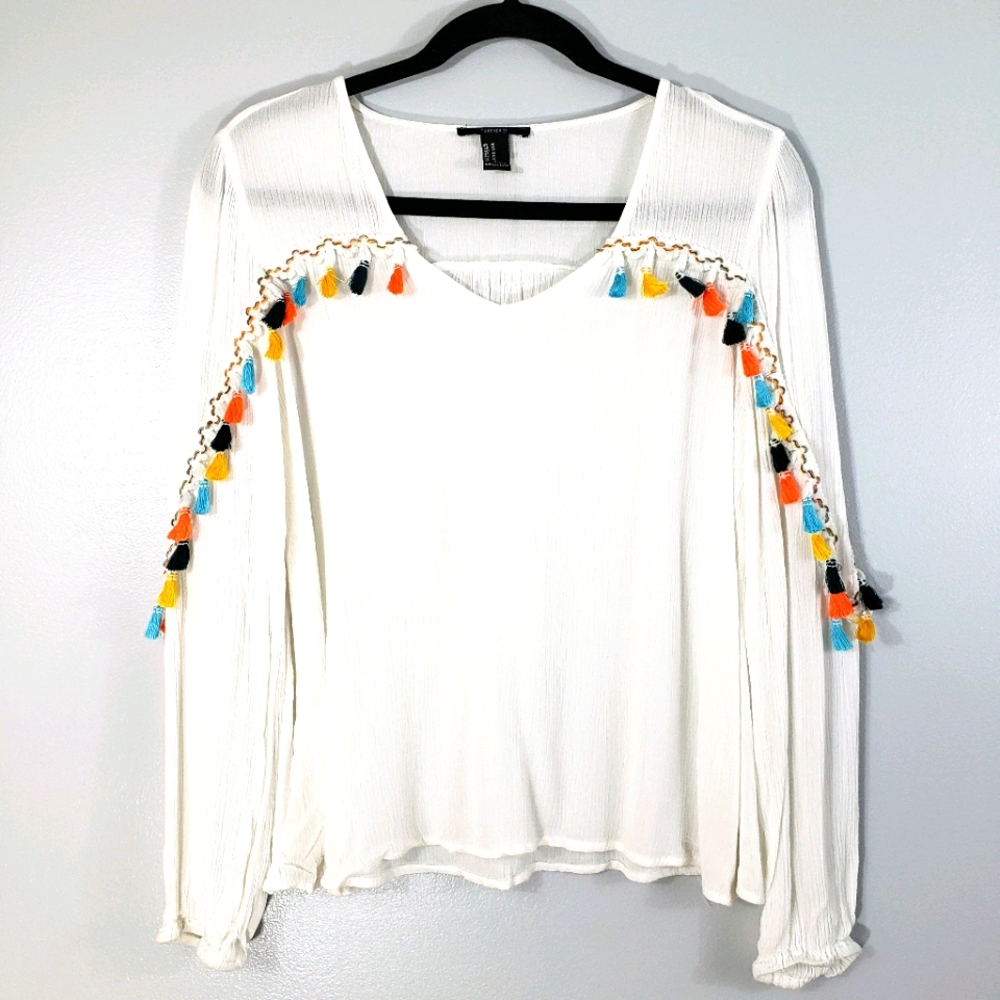 FOREVER 21 white crinkle multicolor tassel blouse
